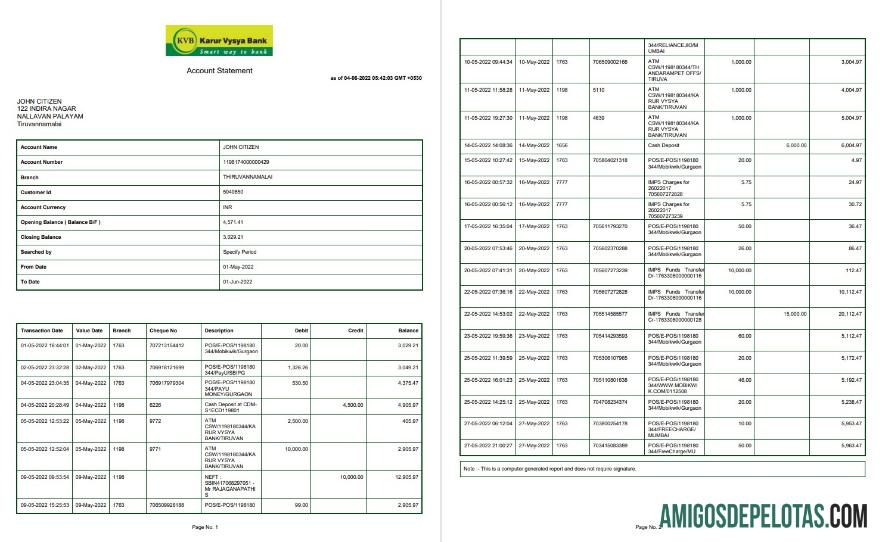 Exemplo de extrato bancário KVB da Índia, 2 páginas